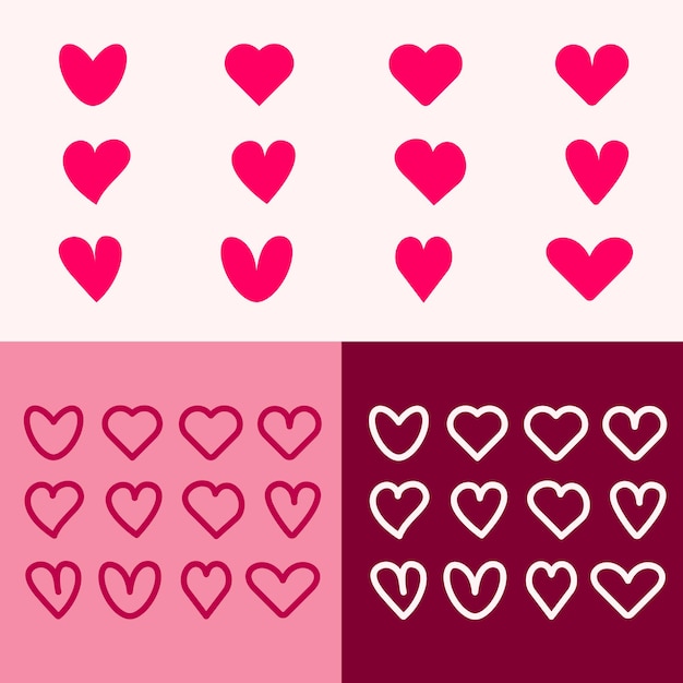 Red hearts outline icons Cute red hearts for Valentine s day Romantic red different hearts of shapes isolated on pink