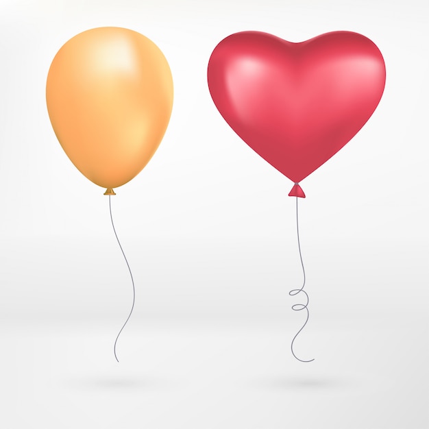 Red hearts, realistic flying yellow and red Heart shape balloon.