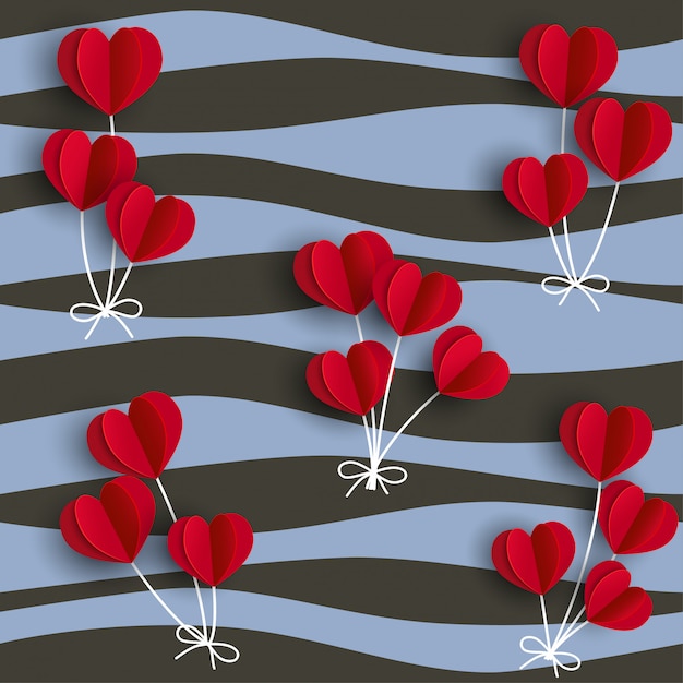 Вектор Красные сердечки воздушные шары на волнистом фоне