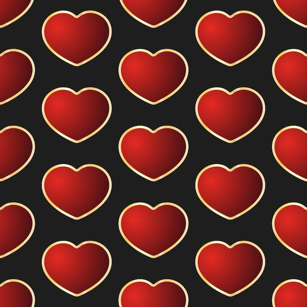 Red hearts vector seamless pattern Volumetric gradient hearts with gold frames on black background