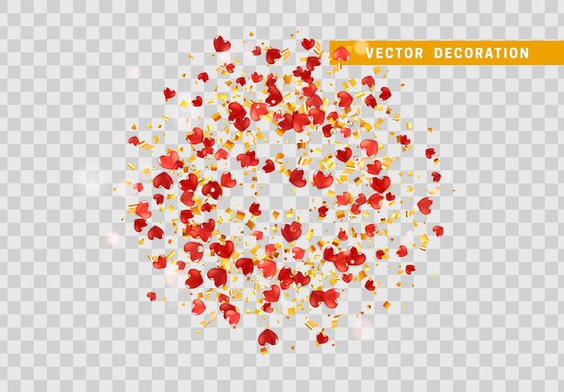 Vector red hearts with confetti gold isolated. vector illustration