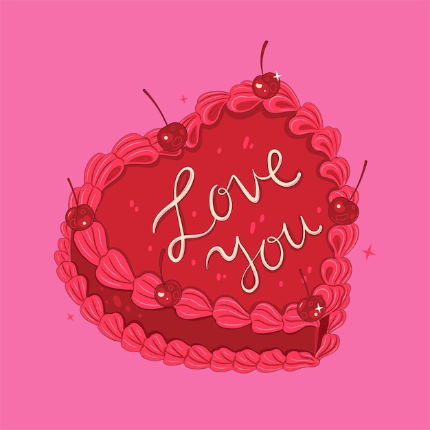 Red heartshaped cake decorated with cherries Vector graphics