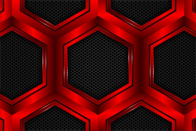 Red hexagon metallic on black mesh as background