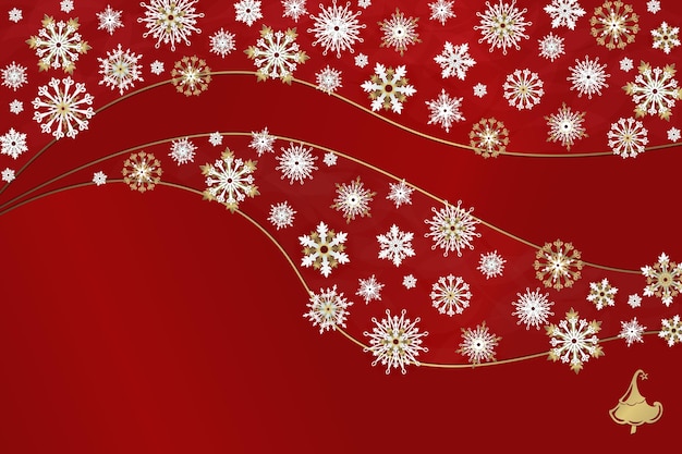 雪片と赤い休日の背景。テキスト用のスペースを持つ新年のバナーまたははがき。