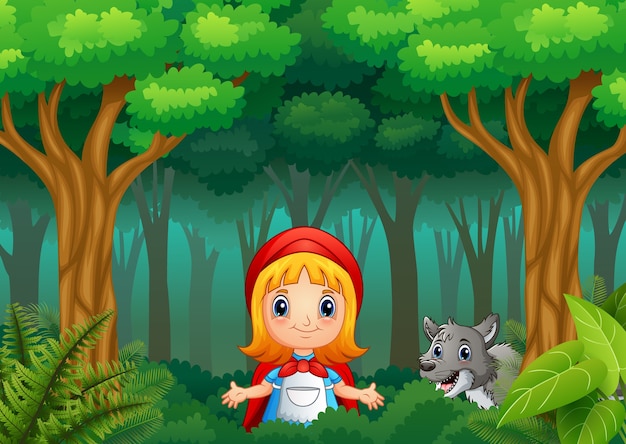 Vettore la ragazza con cappuccio rossa si trova nel villaggio della foresta