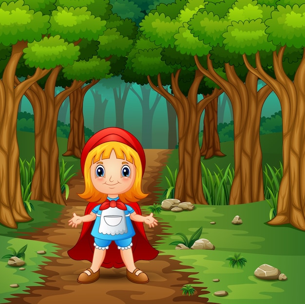 Красная девушка с капюшоном находится в деревне в лесу