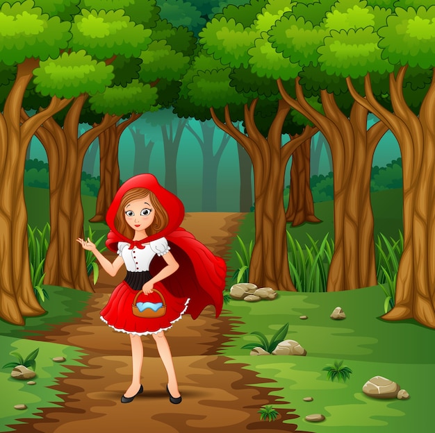 Red hooded girl are in the village at forest