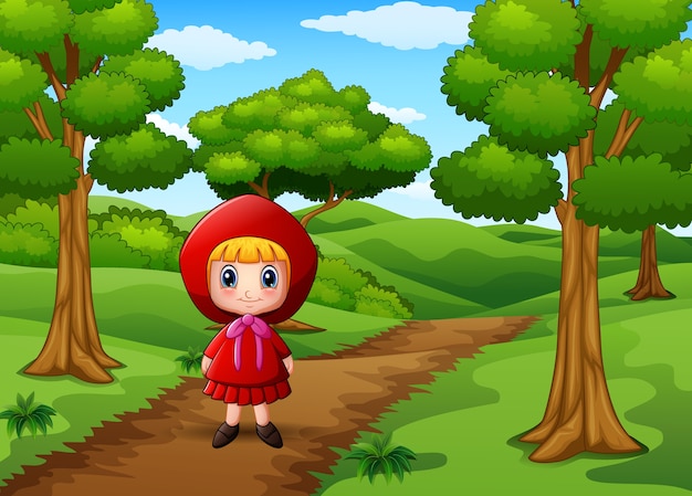 Red hooded girl are in the village at forest