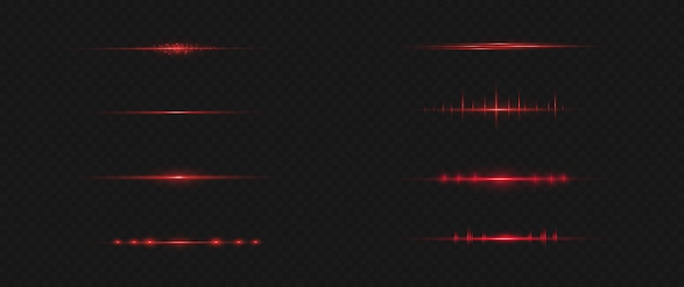 Vector red horizontal lens flares pack. laser beams, horizontal light rays.