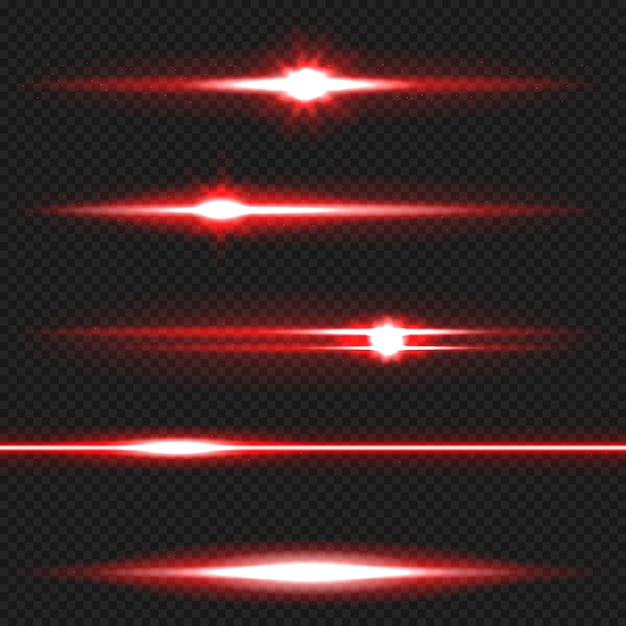 Red horizontal lens flares pack. Laser beams, horizontal light rays
