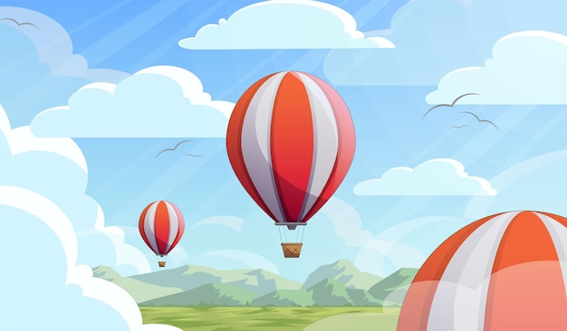 Red Hot Air Balloon Soaring Over Green Hills Simple Vector Illustration