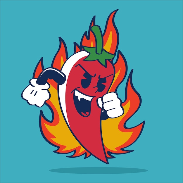 Red Hot Chili Pepper Cartoon Character Evil Laugh Style with Fire in the Background