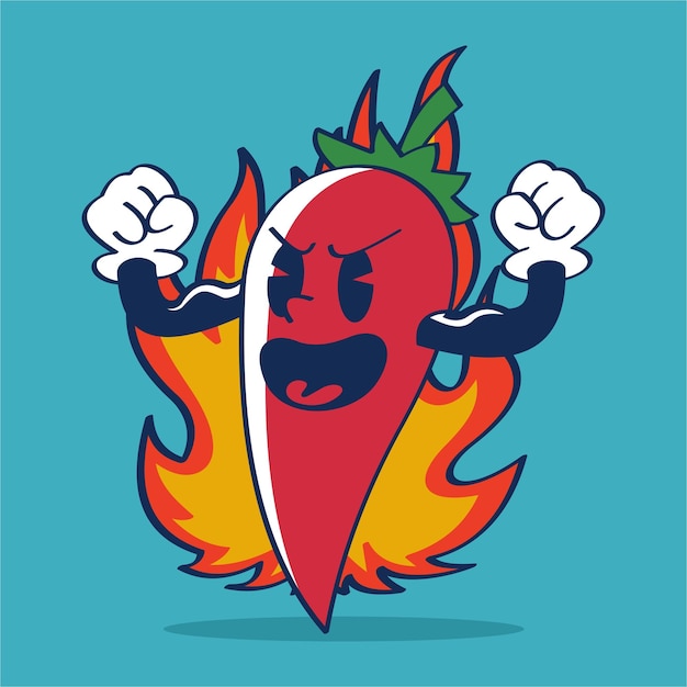 Red Hot Chili Pepper Cartoon Character Gymnastic Pose with Strong Expression Hand Drawing