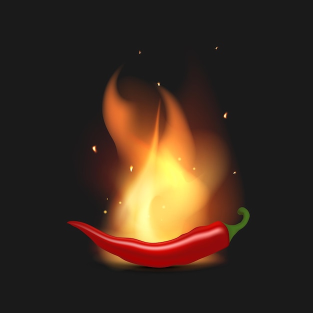 Красный острый перец в огне перец чили в огне реалистичный стиль векторная иллюстрация