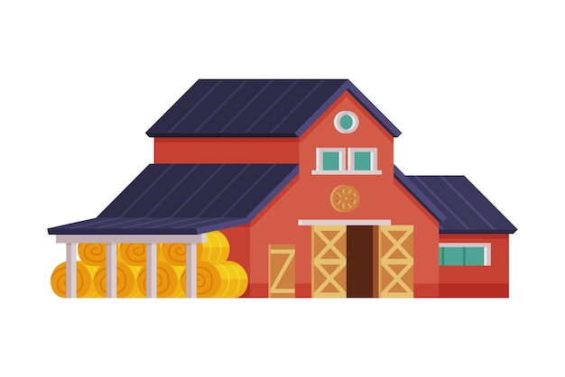 Vector red house barn with hay bales traditional wooden agricultural building cartoon vector illustration