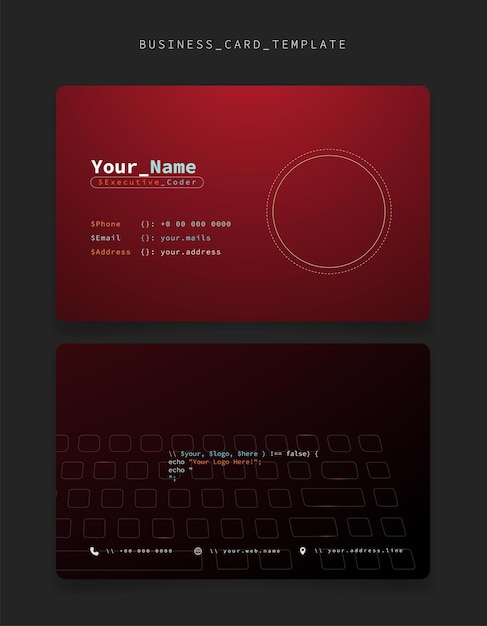 Vector red id card or business card template with coding text concept for programmer identity design