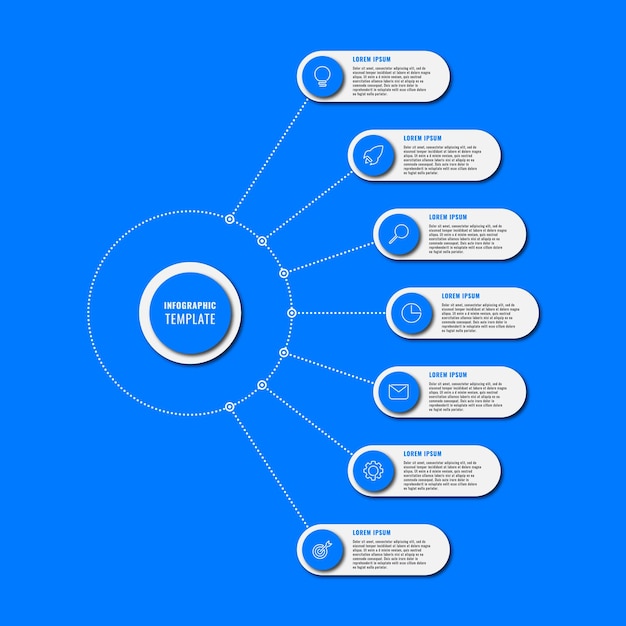 Modello di diagramma infografico rosso con sette elementi rotondi e icone di marketing sui pulsanti rossi