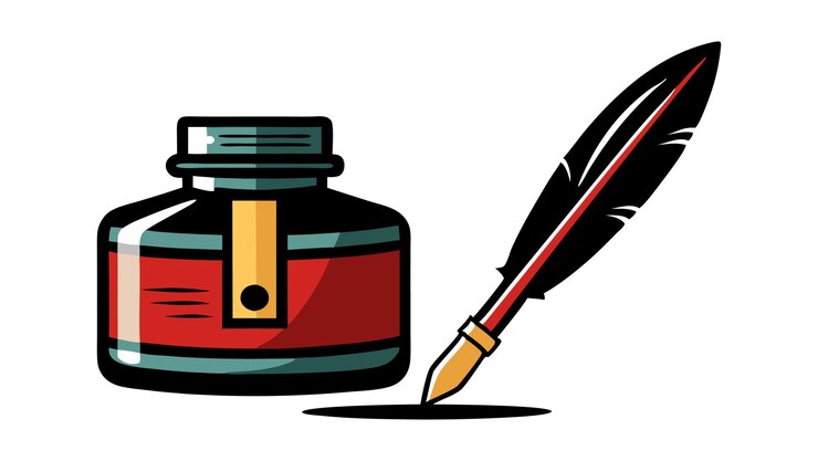 Vector a red inkwell sits next to a quill pen ready to write a story