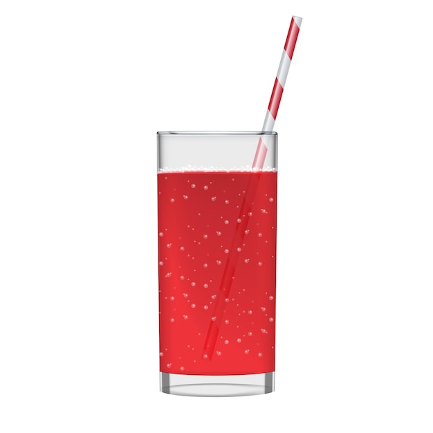 Red juice with smoothie glass and sparkling bubbles Fruit organic drink Transparent photo realistic illustration
