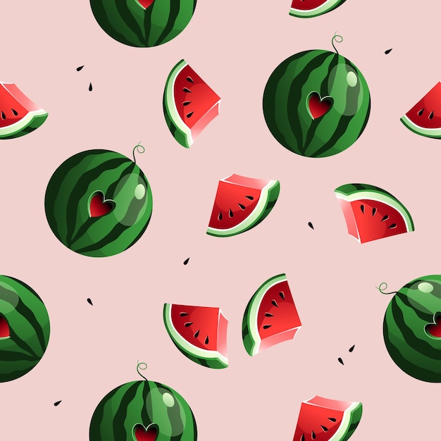 Red Juicy Round Watermelon with a Heart and a Watermelon Slice. Seamless Vector Pattern.