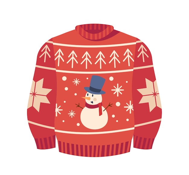 빨간 니트 스웨터 눈사람 가문비나무와 눈송이 아늑한 따뜻한 의류와 함께 전통적인 추한 크리스마스 잠바