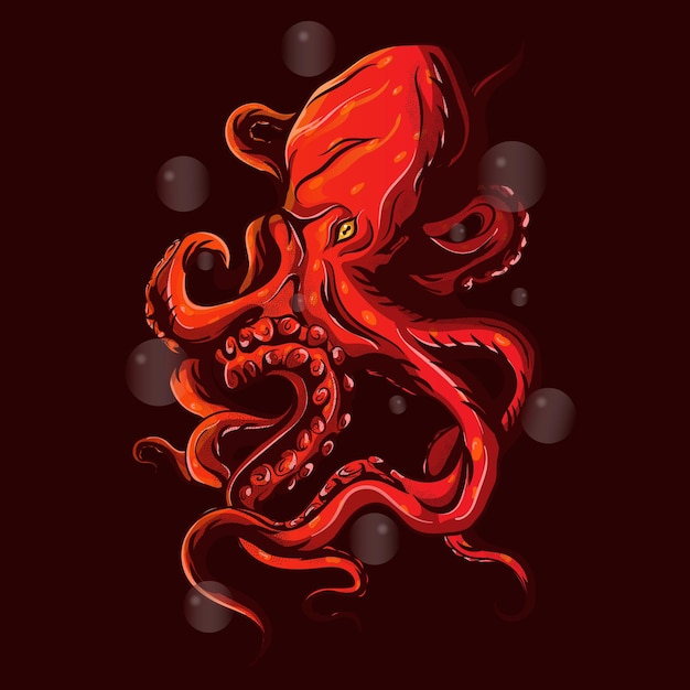 Red kraken with bubbles vector illustration