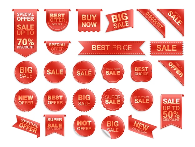 Vector red labels isolated. sale promotion. flat badges discount and tags.