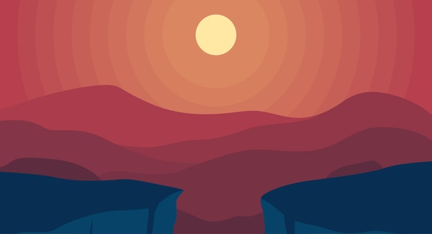 Vector red landscape scenery hill with sun gradient background