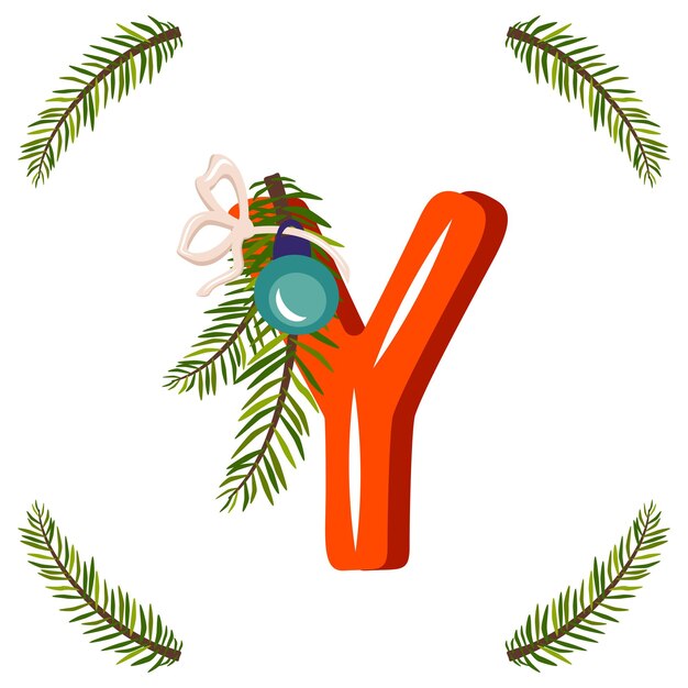 Red letter y with green christmas tree branch, ball with bow. festive font for happy new year and bright alphabet