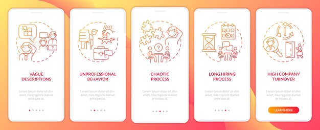 Luci rosse durante il colloquio di lavoro gradiente rosso onboarding schermata dell'app mobile procedura dettagliata 5 passaggi pagine di istruzioni grafiche con concetti lineari modello gui ui ux myriad probold font regolari utilizzati