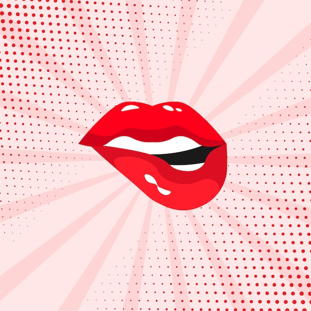 Red lips biting in a retro style cartoon comic girls poster pop art halftone background vector