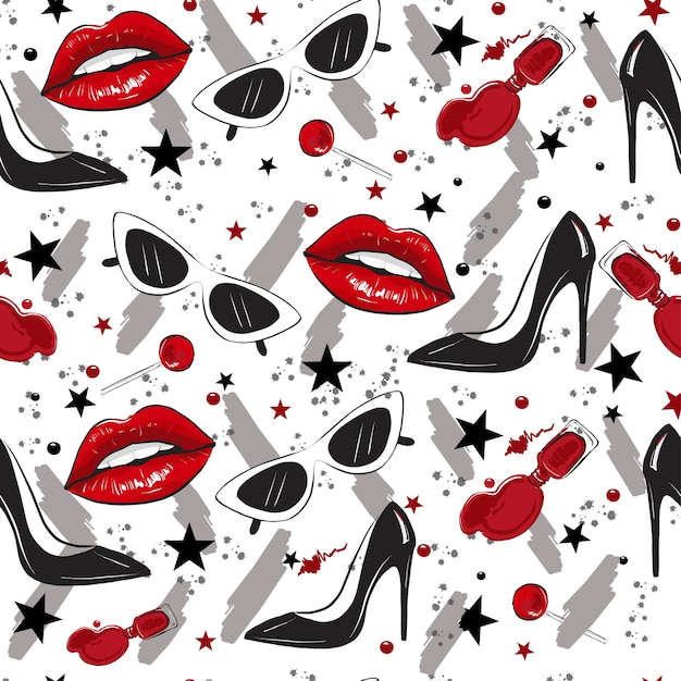 Red lips black heels pattern