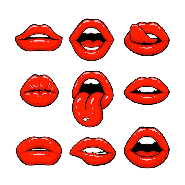 Red lips, a collection of different shapes. vector illustration