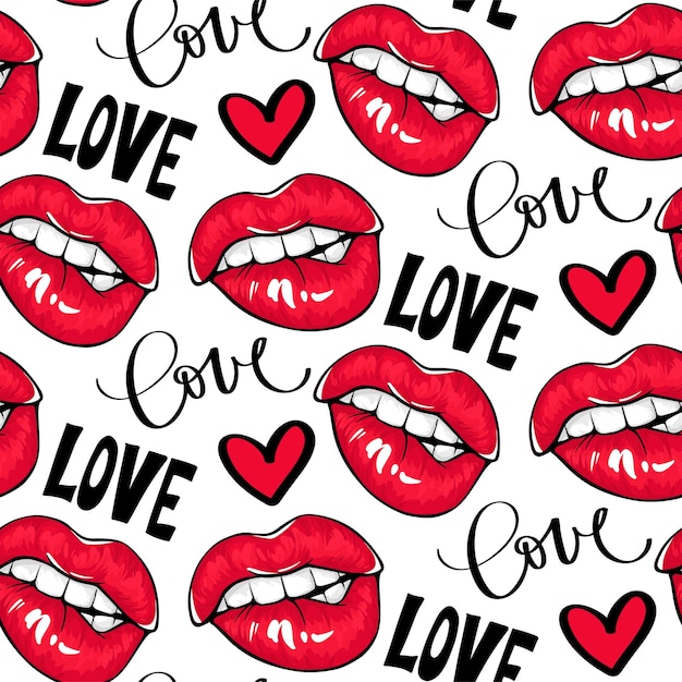 Vector red lips seamless pattern. female mouth with red lipstick and love lettering.