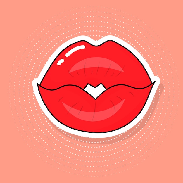 Вектор Наклейка красные губы в стиле поп-арт. значок в мультяшном стиле ретро комиксов 80-х-90-х годов.