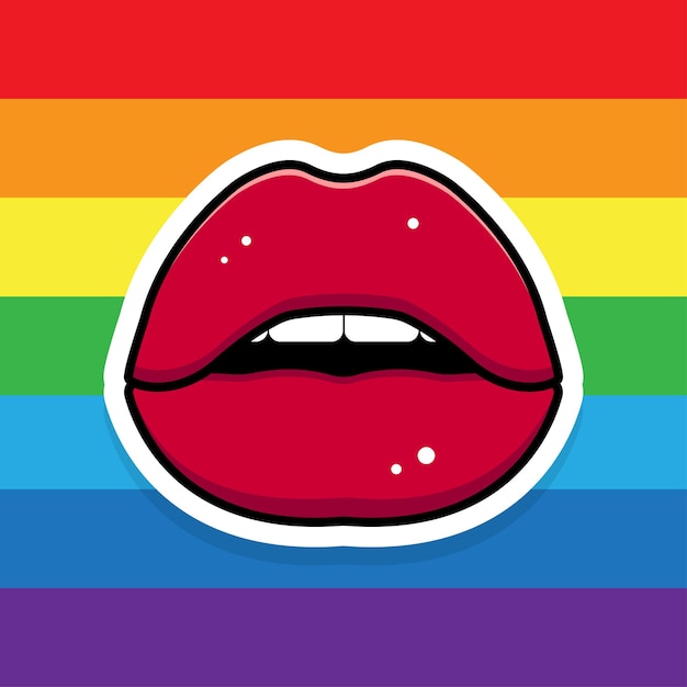 Vector red lips on a striped multicolored background cartoon sticker lgbt pride rainbow flag vector illustration