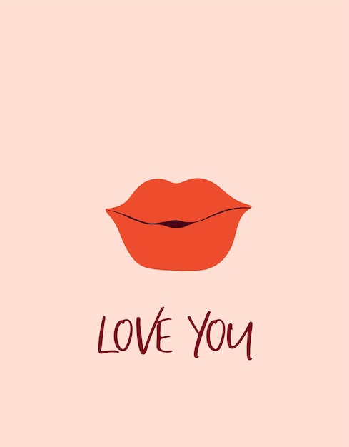 Vector red lips with love you quote printable vector banner greeting card poster invitation