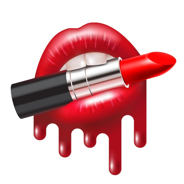 Red lipstick in the open mouth with glossy melted lips