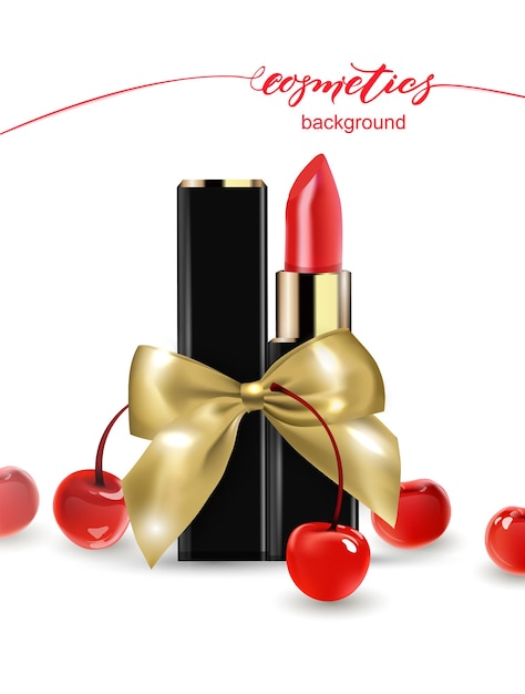 Red lipstick and red cherry Beauty and cosmetics background  Template Vector