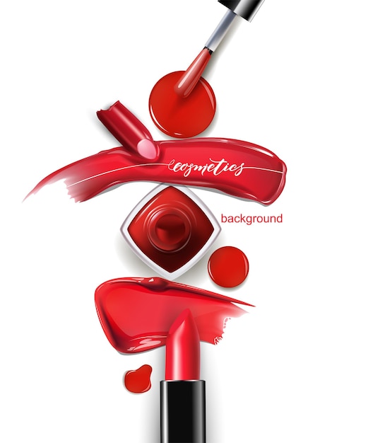 Red lipstick and a smear of lipstick and red nail Polish Beauty and cosmetics background  Vector