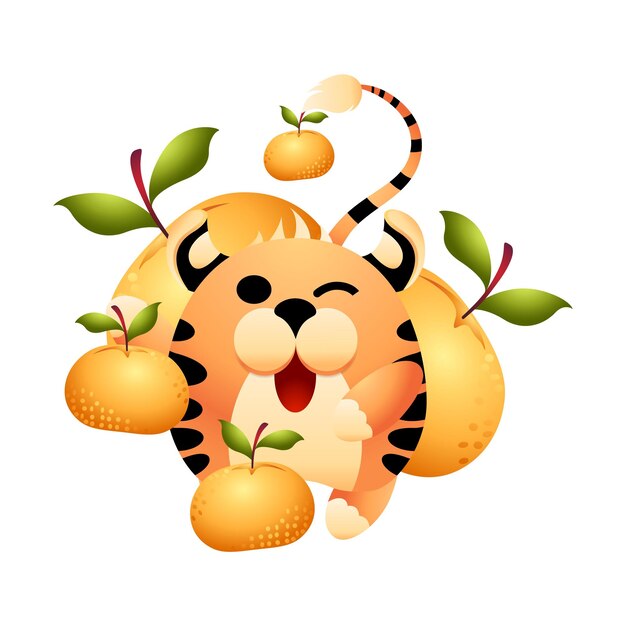 Red little tiger as symbol of chinese new year happy tiger gives ripe golden oranges cute character