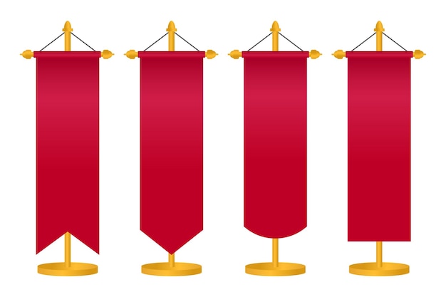ベクトル 金色のスタンドにさまざまな形の赤い長いペナント旗ベクトル