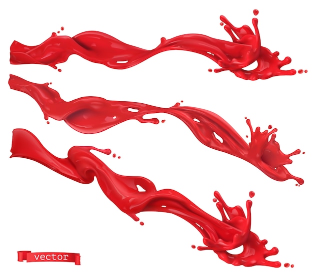 Red long splashes of paint. 3d realistic vector illustration