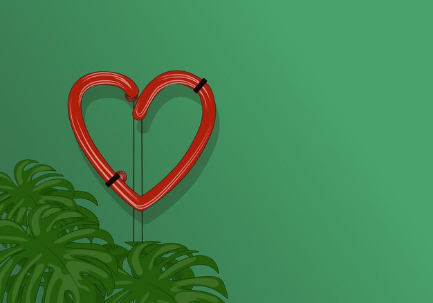 Red love sign of neon light with tropical floral green leafs