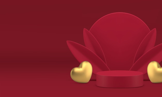 red luxury 3d podium pedestal with golden heart and leaves for product show vector background