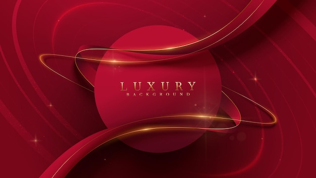 Red luxury background with circle frame and ribbon elements with glitter light effect decoration