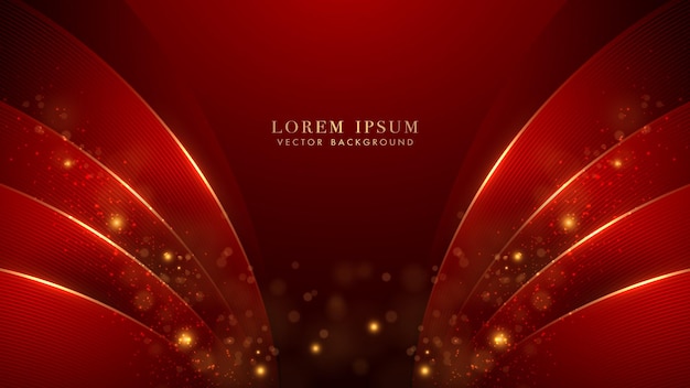 Red luxury background with golden curve lines shine dots effect and bokeh decoration