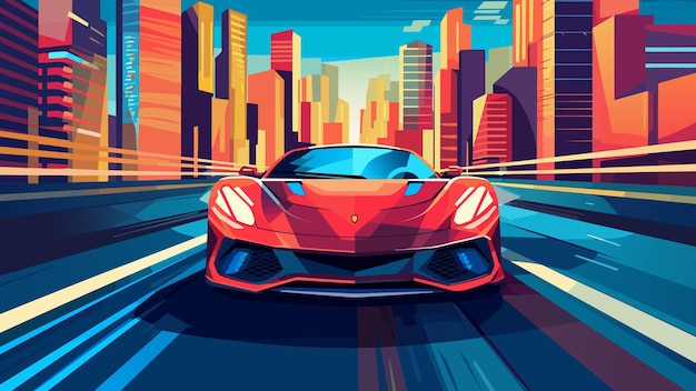 Vector red luxury sports car running at high speed on a downtown city road automotive vector illustration