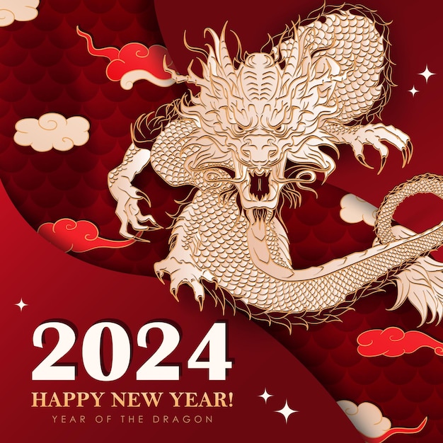 Red luxury square poster with hand drawn paper cut Chinese Dragon as symbol of lunar 2024 New Year