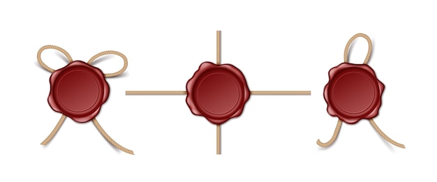 赤い郵便切手またはロープ付きのワックスシール。ドキュメントのプライバシーのためのレトロな証明書品質スタンプまたはラベル。保証のための3d古い現実的なワックススタンプ。ベクトルイラスト